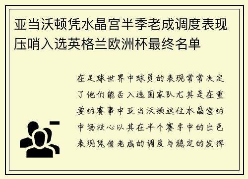 亚当沃顿凭水晶宫半季老成调度表现压哨入选英格兰欧洲杯最终名单 亚当沃顿凭水晶宫半季老成调度表现压哨入选英格兰欧洲杯最终名单